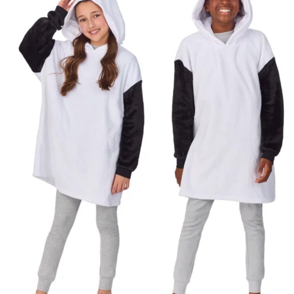 Oversized Hooded Wearable Blanket with Black Sleeves - White